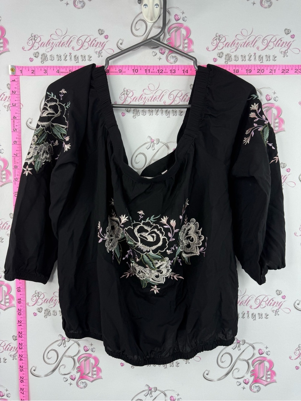 twik shirt blouse flowers Black Peasant Blouse with Floral Embroidery